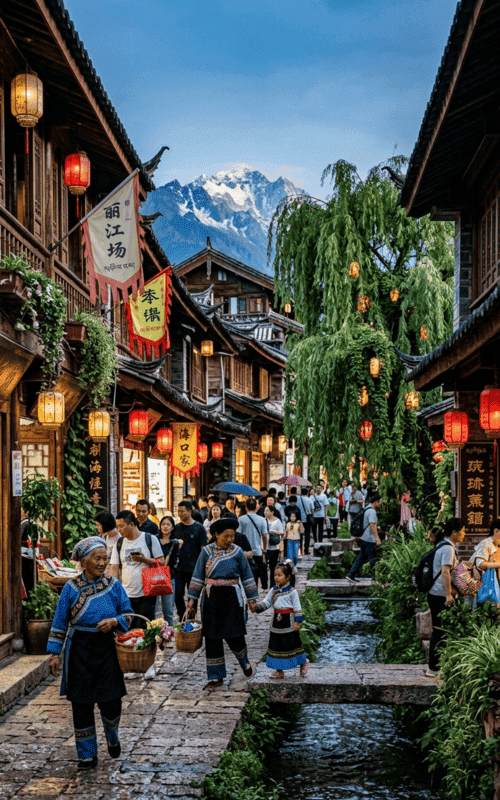 imagen vertical impactante que combine naturaleza y tradición de las calles antiguas de Lijiang con personas